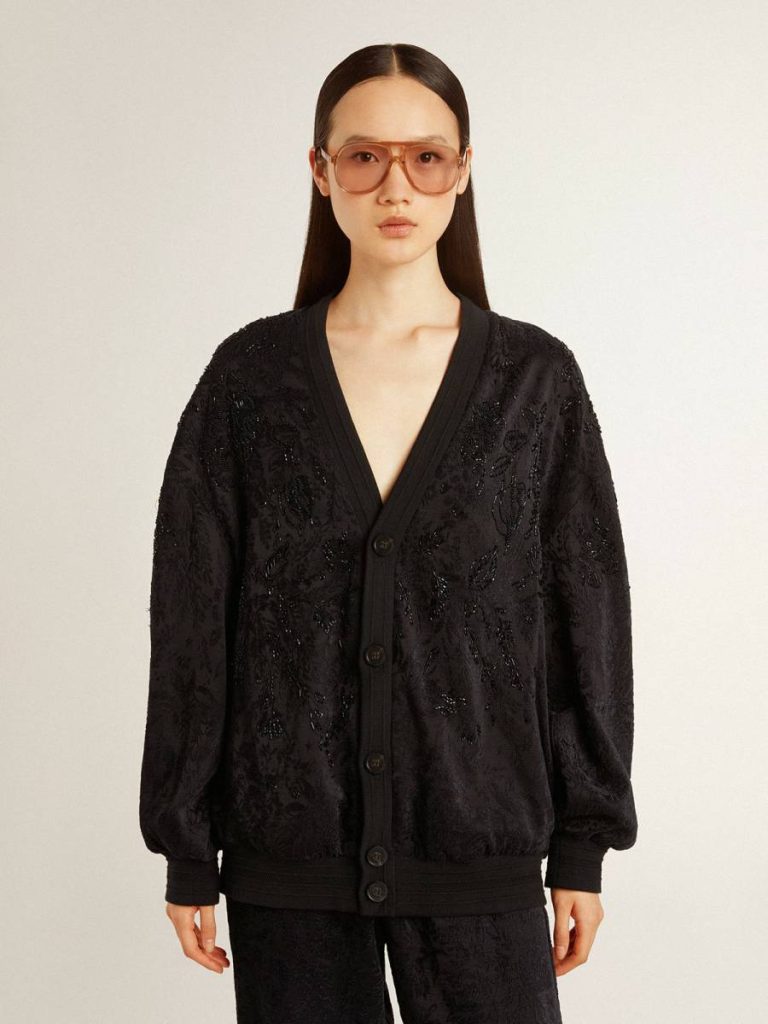 Women's Black Cardigan With Tone-On-Tone Toile De Jouy Bead Embroidery Women Knitwear Golden Goose Black - 2