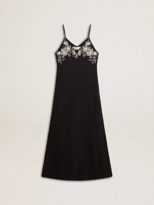 Women’s Black Slip Dress With Embroidery Black Women Dresses & Jumpsuits Golden Goose - 1