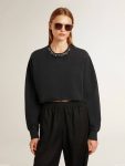 Women's Cropped Cotton Sweatshirt With Crystals On The Front Sweatshirts Women Black Golden Goose - 2