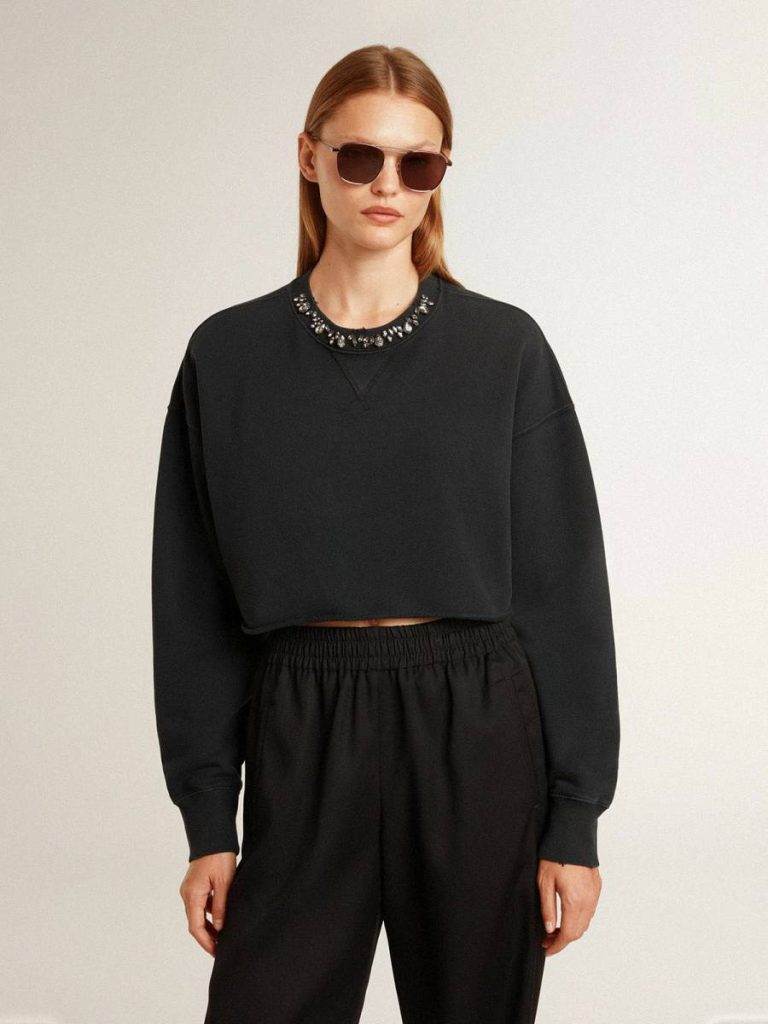 Women's Cropped Cotton Sweatshirt With Crystals On The Front Sweatshirts Women Black Golden Goose - 2