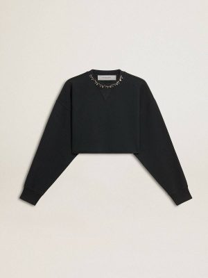 Women's Cropped Cotton Sweatshirt With Crystals On The Front Sweatshirts Women Black Golden Goose - 1