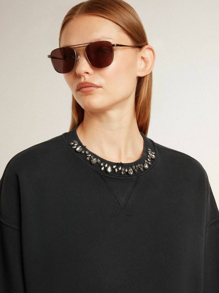 Women's Cropped Cotton Sweatshirt With Crystals On The Front Sweatshirts Women Black Golden Goose - 5