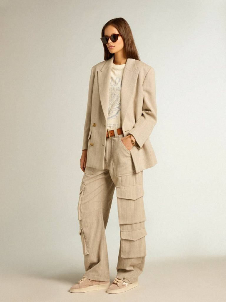 Women's Dark Olive-Colored Cotton Cargo Pants With A Herringbone Design Women Golden Goose Jeans & Pants Dark Olive - 3