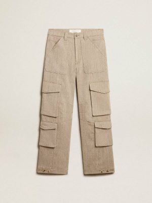 Women's Dark Olive-Colored Cotton Cargo Pants With A Herringbone Design Women Golden Goose Jeans & Pants Dark Olive - 1