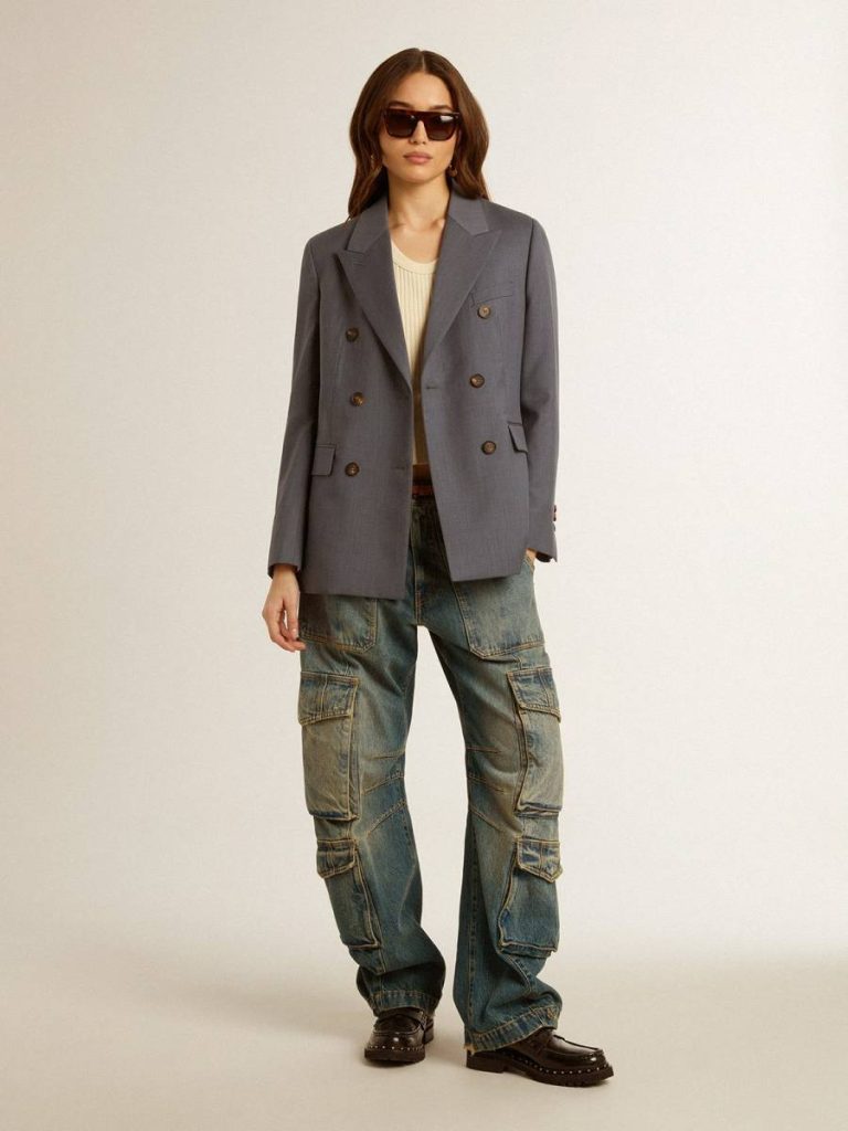 Women's Double-Breasted Blazer In Baby Blue Baby Blue Golden Goose Blazers Women - 5