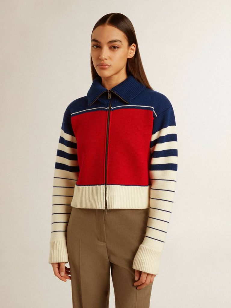 Women’s Multicolor Striped Wool Cropped Sweatshirt Women Golden Goose Knitwear Blue, Red And White - 3