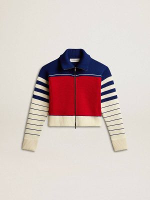 Women’s Multicolor Striped Wool Cropped Sweatshirt Women Golden Goose Knitwear Blue, Red And White - 1