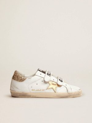 Women's Old School With Gold Star In Laminated Leather Women White Golden Goose Super-Star - 1
