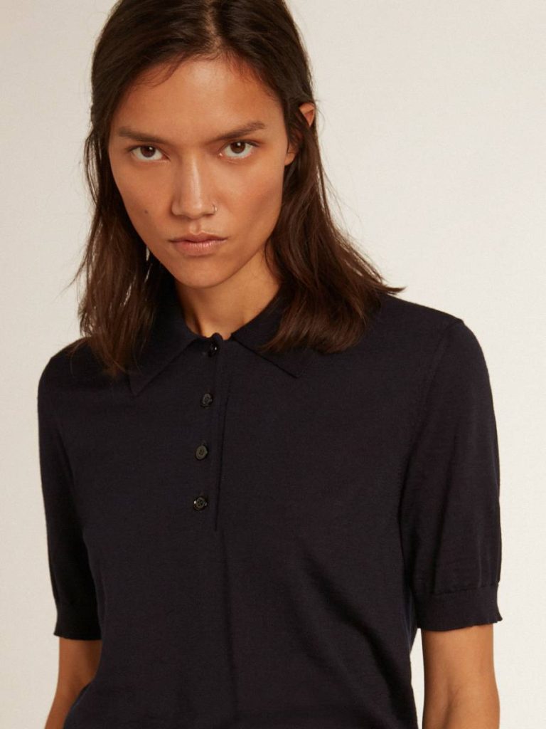 Women’s Polo Shirt In Navy-Blue Merino Wool Women Golden Goose Navy Blue T-Shirts & Tops - 2