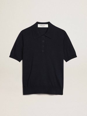 Women’s Polo Shirt In Navy-Blue Merino Wool Women Golden Goose Navy Blue T-Shirts & Tops - 1