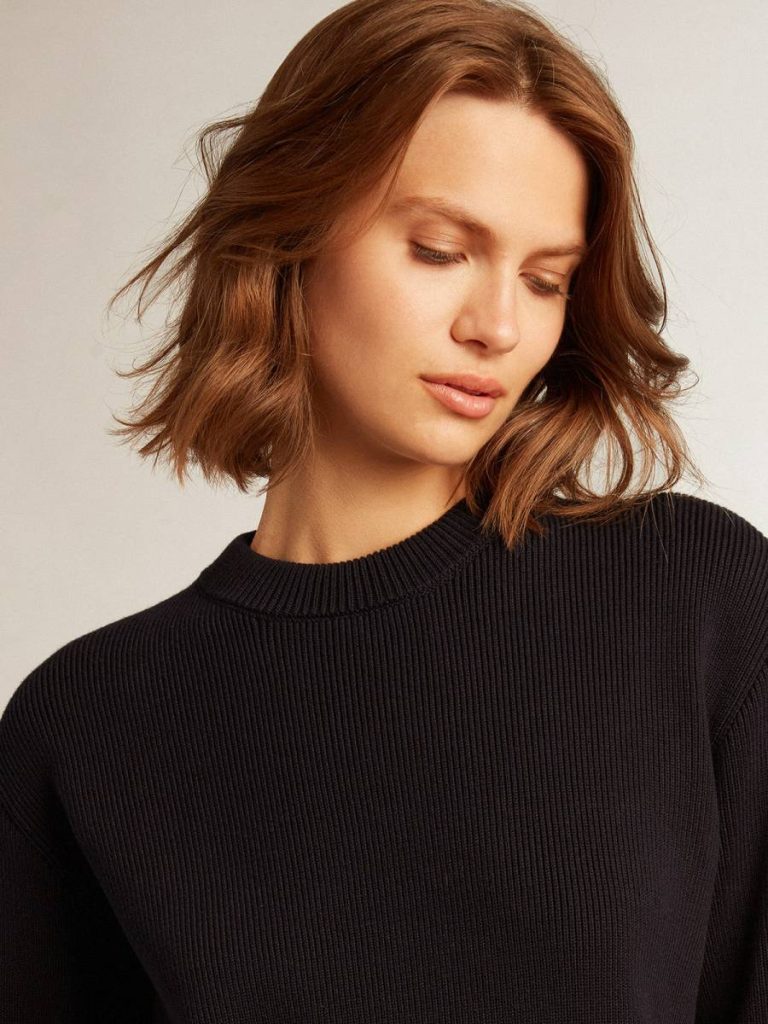 Women’s Round-Neck Sweater In Dark Blue Cotton With Logo On The Back Women Knitwear Dark Blue Golden Goose - 2