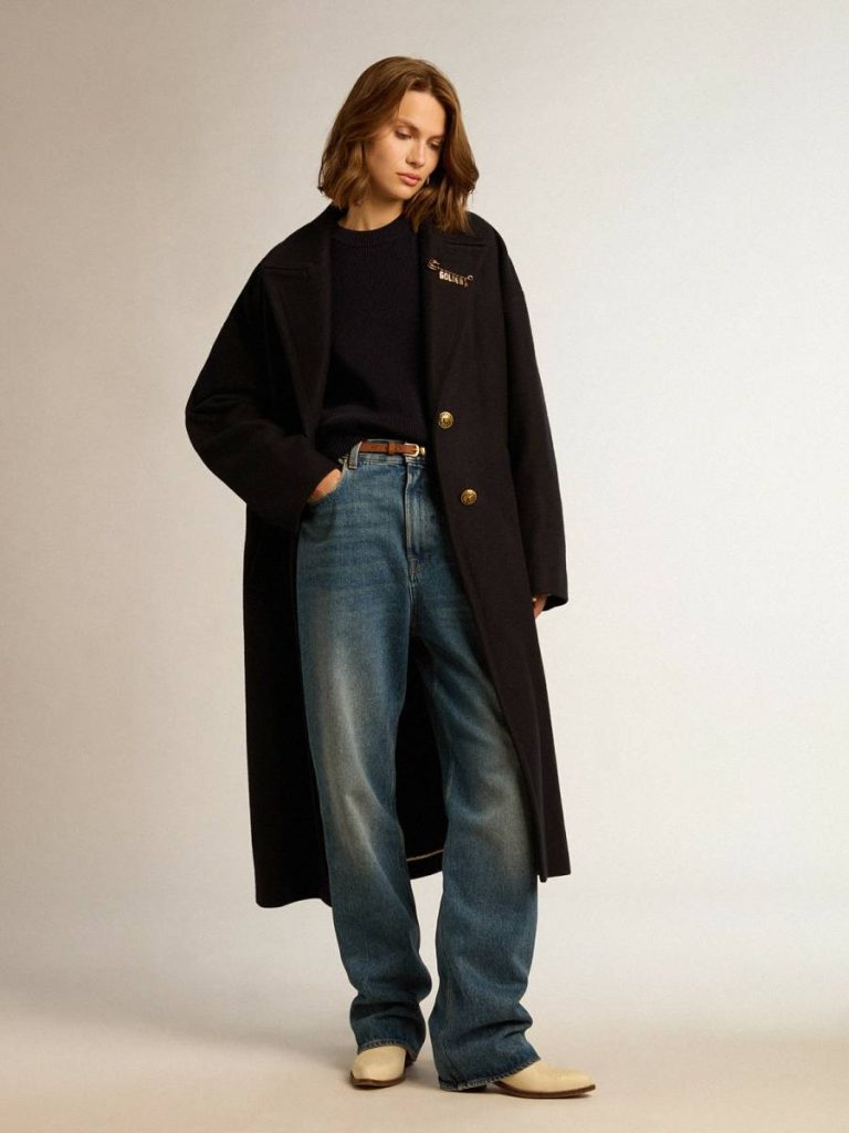 Women’s Round-Neck Sweater In Dark Blue Cotton With Logo On The Back Women Knitwear Dark Blue Golden Goose - 3