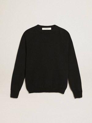 Women’s Round-Neck Sweater In Dark Blue Cotton With Logo On The Back Women Knitwear Dark Blue Golden Goose - 1