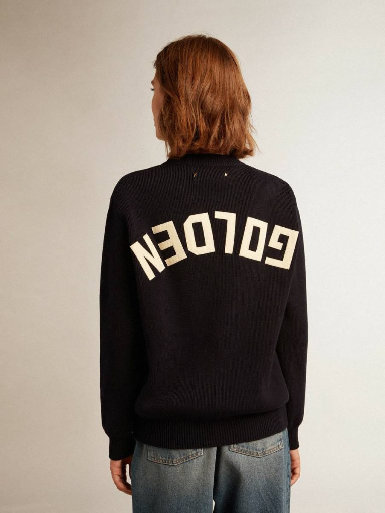 Women’s Round-Neck Sweater In Dark Blue Cotton With Logo On The Back Women Knitwear Dark Blue Golden Goose - 4