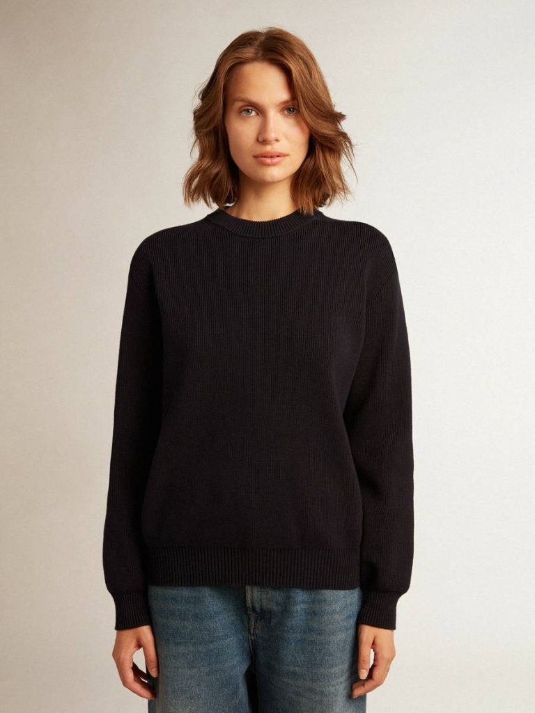 Women’s Round-Neck Sweater In Dark Blue Cotton With Logo On The Back Women Knitwear Dark Blue Golden Goose - 5