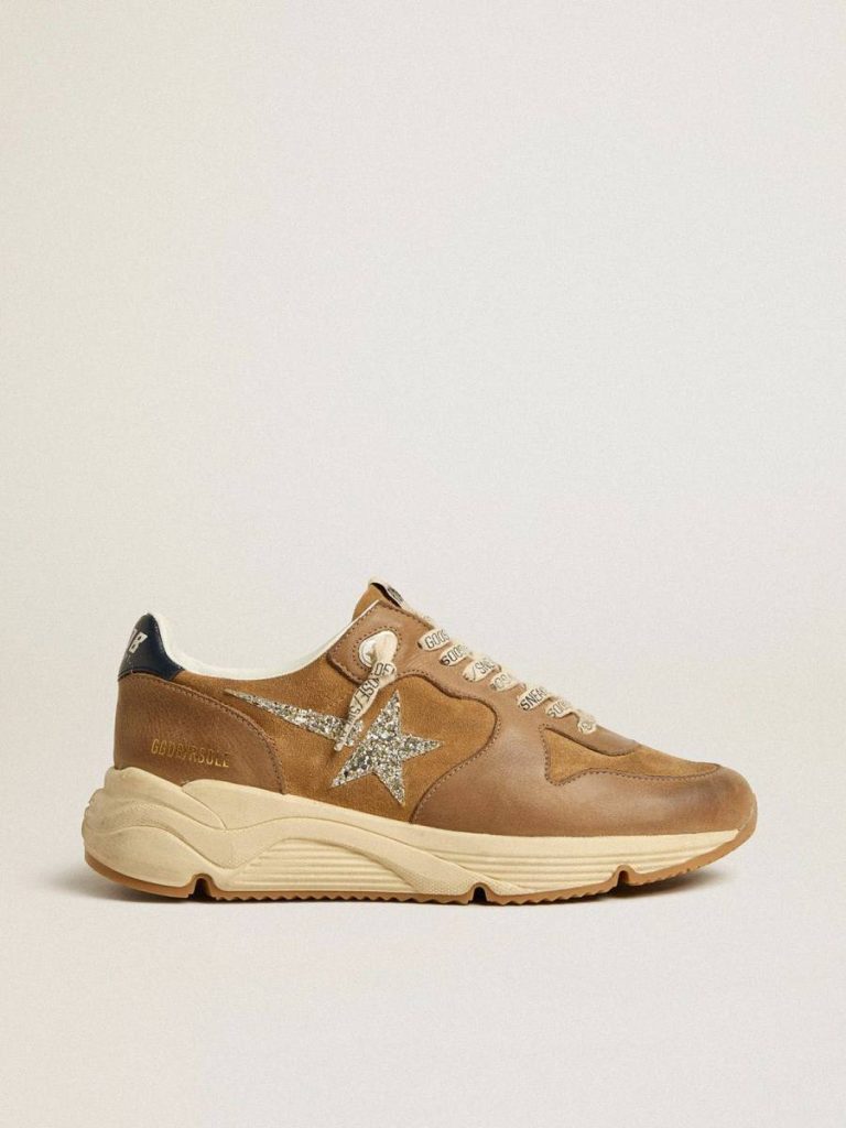 Women’s Running Sole In Tobacco-Colored Nappa Leather And Suede With Silver Glitter Star Running Sole Women Golden Goose - 1