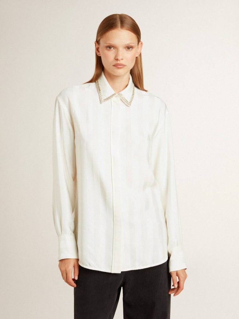 Women's Shirt With A Vertical Striped Pattern And Crystal Embroidery Golden Goose Women White Shirts - 2