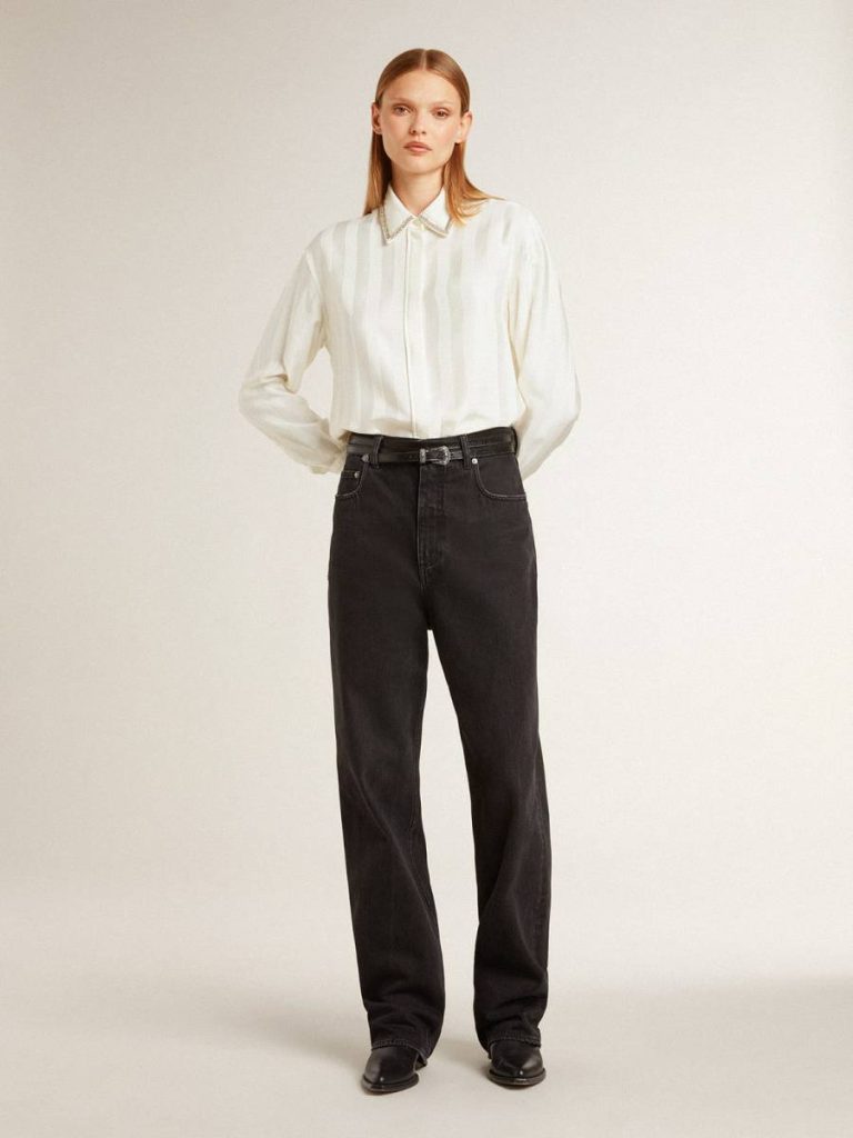 Women's Shirt With A Vertical Striped Pattern And Crystal Embroidery Golden Goose Women White Shirts - 3