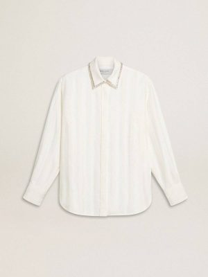 Women's Shirt With A Vertical Striped Pattern And Crystal Embroidery Golden Goose Women White Shirts - 1