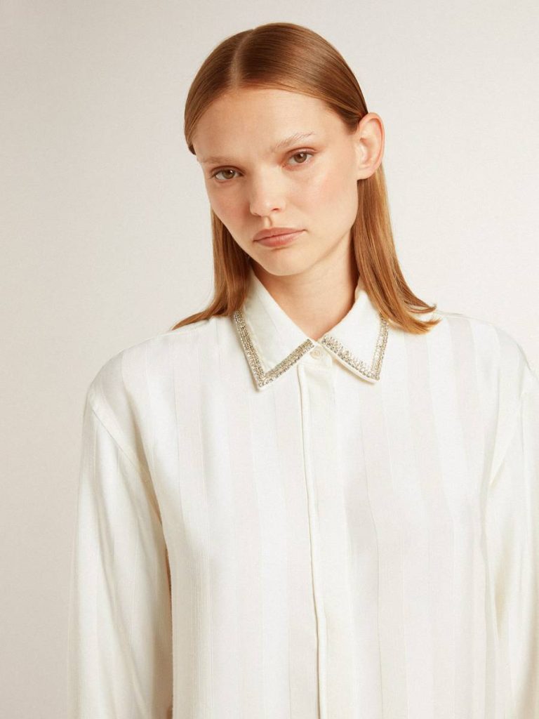 Women's Shirt With A Vertical Striped Pattern And Crystal Embroidery Golden Goose Women White Shirts - 5