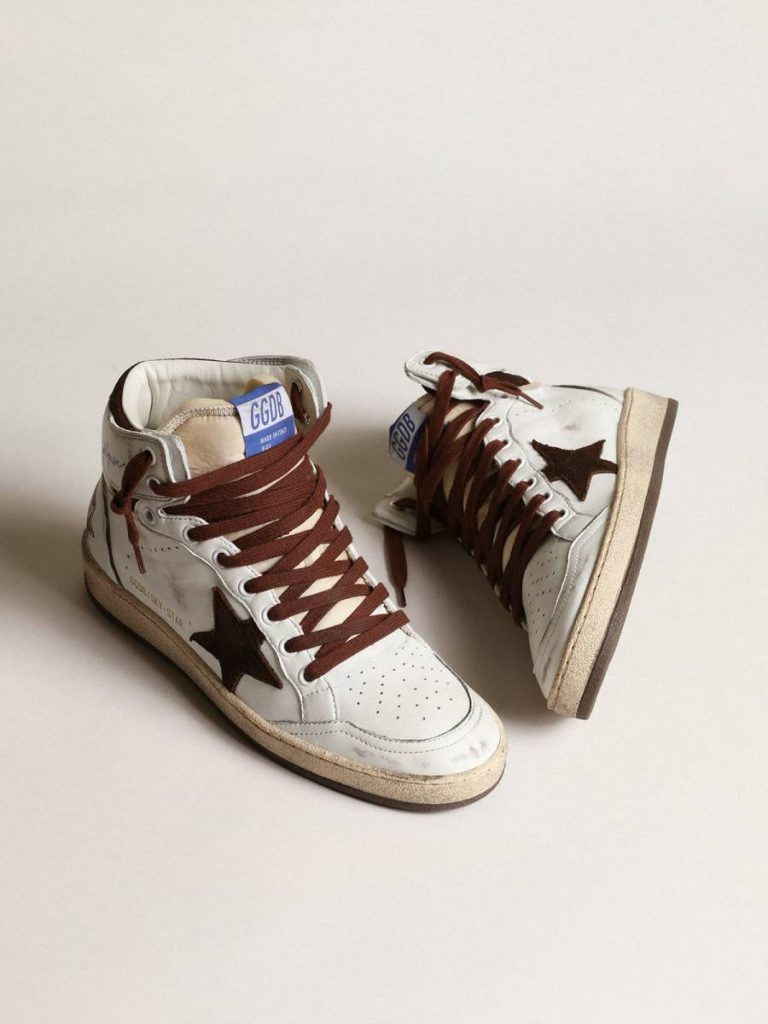 Women’s Sky-Star In White Nappa Leather With Chocolate Suede Star Sky-Star Women Golden Goose - 2