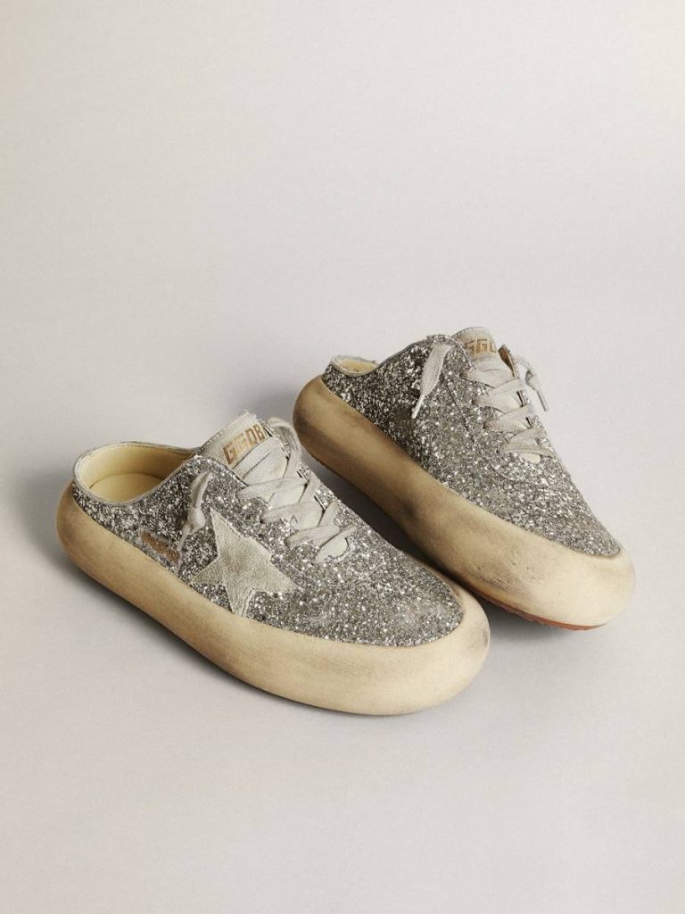 Women's Space-Star Sabot In Glitter With Ice-Gray Star And Tab Space-Star Women Golden Goose - 2