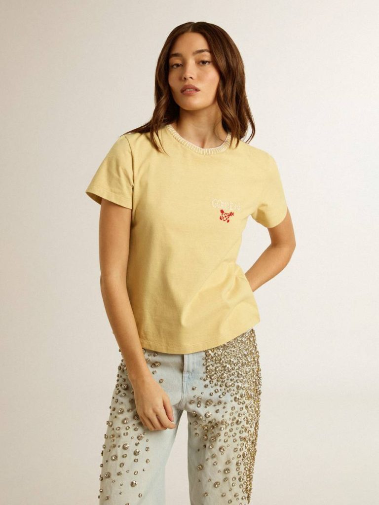 Women's T-Shirt In Cotton Jersey With Embroidery On The Neck And Heart Golden Goose Pale Yellow T-Shirts & Tops Women - 3