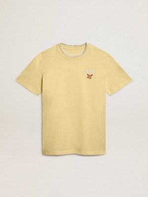 Women's T-Shirt In Cotton Jersey With Embroidery On The Neck And Heart Golden Goose Pale Yellow T-Shirts & Tops Women - 1