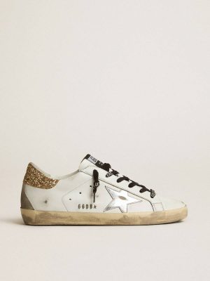 Women's White Leather Super-Star With Glittery Heel Tab Women Golden Goose Super-Star - 1
