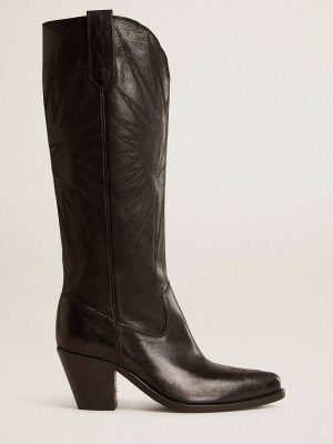 Women's Wish Star Boots In Black Leather With Star Embroidery Boots Black Golden Goose Women - 1