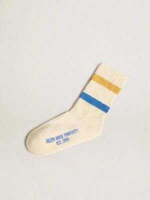 Worn White Golden Goose Worn White Kids Socks With Distressed Details And Two-Tone Bright Blue And Mustard Stripes Kids Bottomwear Selection (4-12 Years) - 1