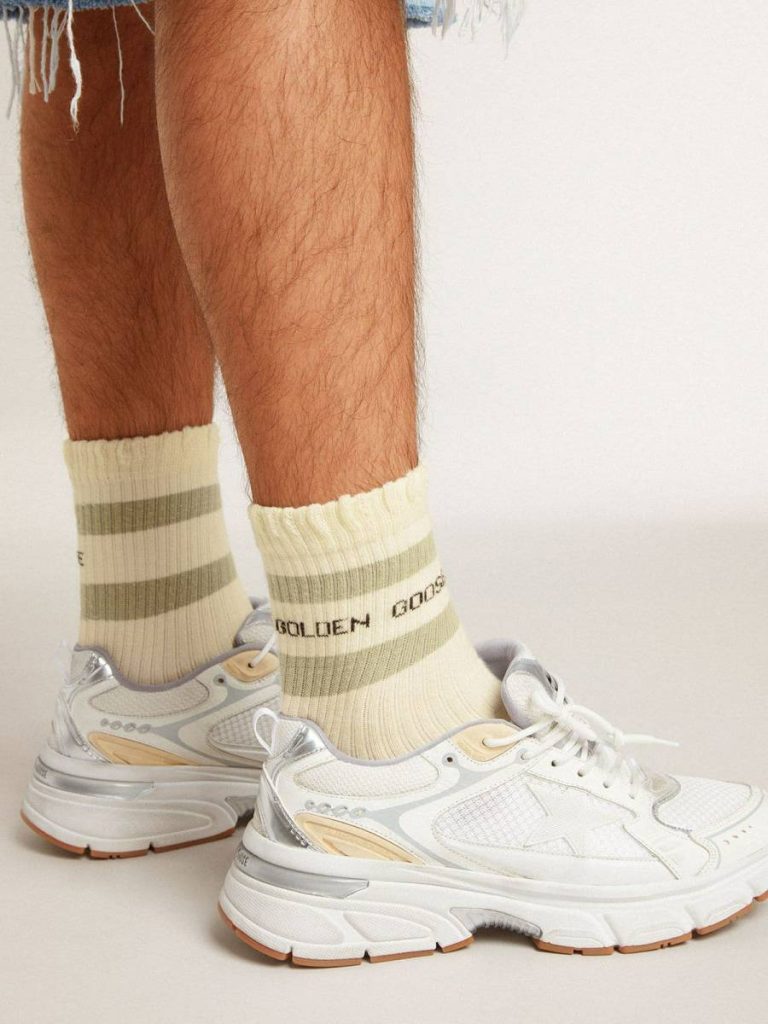 Worn-White Socks With Distressed Details And Sage-Green Stripes Golden Goose Worn White Socks Women - 2