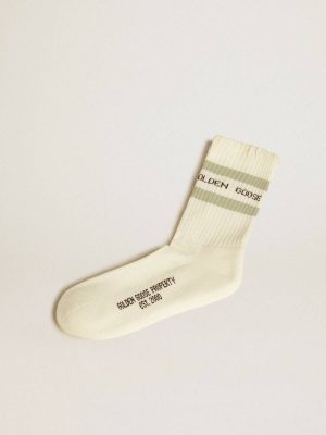Worn-White Socks With Distressed Details And Sage-Green Stripes Golden Goose Worn White Socks Women - 1