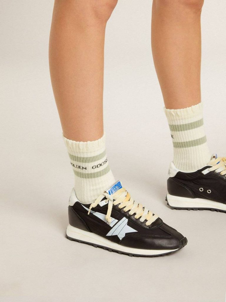 Worn-White Socks With Distressed Details And Sage-Green Stripes Golden Goose Worn White Socks Women - 4