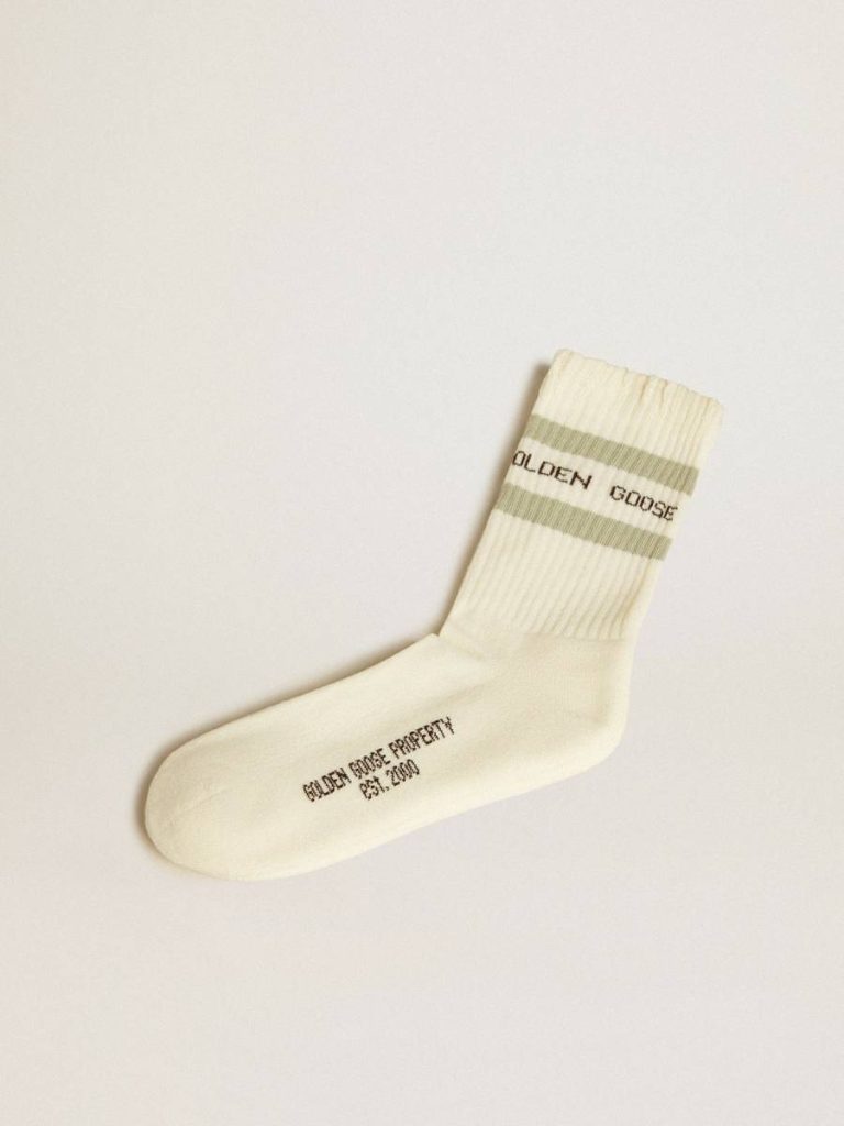Worn-White Socks With Distressed Details And Sage-Green Stripes Golden Goose Worn White Socks Women - 1