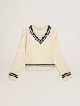 Worn White Women's Cable-Pattern Cropped Sweater With Blue Ribbing And Crystals Golden Goose Women Knitwear - 1