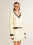 Worn White Women's Cable-Pattern Cropped Sweater With Blue Ribbing And Crystals Golden Goose Women Knitwear - 2