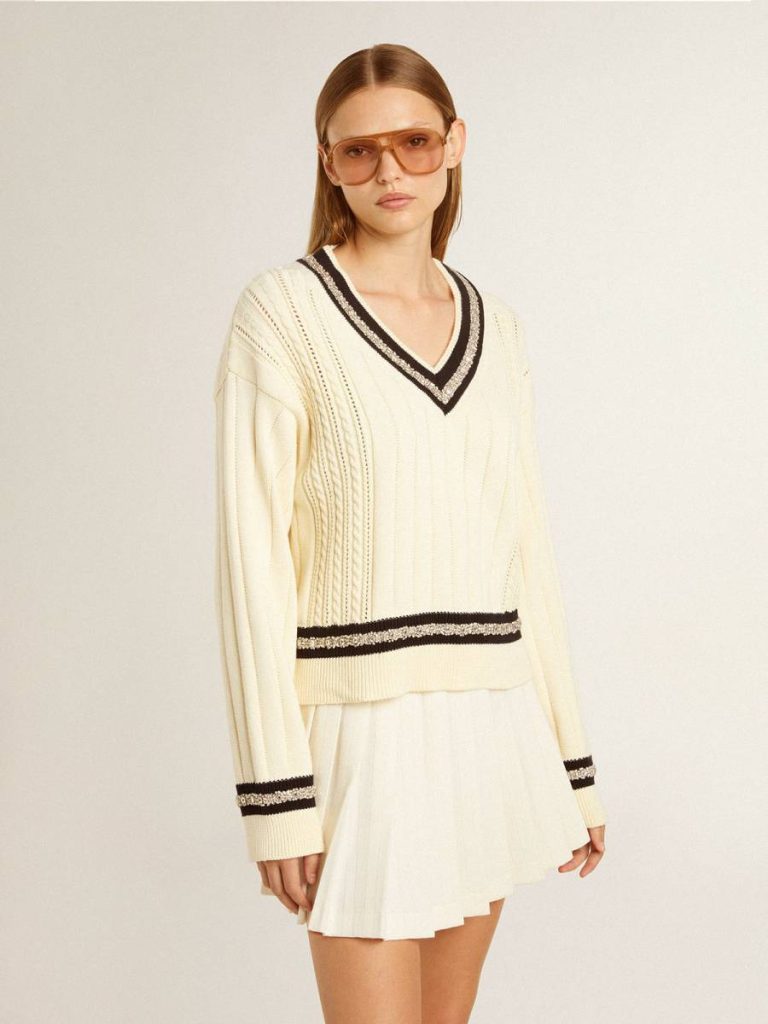 Worn White Women's Cable-Pattern Cropped Sweater With Blue Ribbing And Crystals Golden Goose Women Knitwear - 2