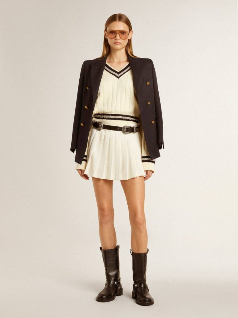 Worn White Women's Cable-Pattern Cropped Sweater With Blue Ribbing And Crystals Golden Goose Women Knitwear - 3