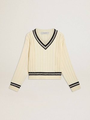 Worn White Women's Cable-Pattern Cropped Sweater With Blue Ribbing And Crystals Golden Goose Women Knitwear - 1