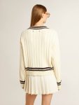 Worn White Women's Cable-Pattern Cropped Sweater With Blue Ribbing And Crystals Golden Goose Women Knitwear - 4