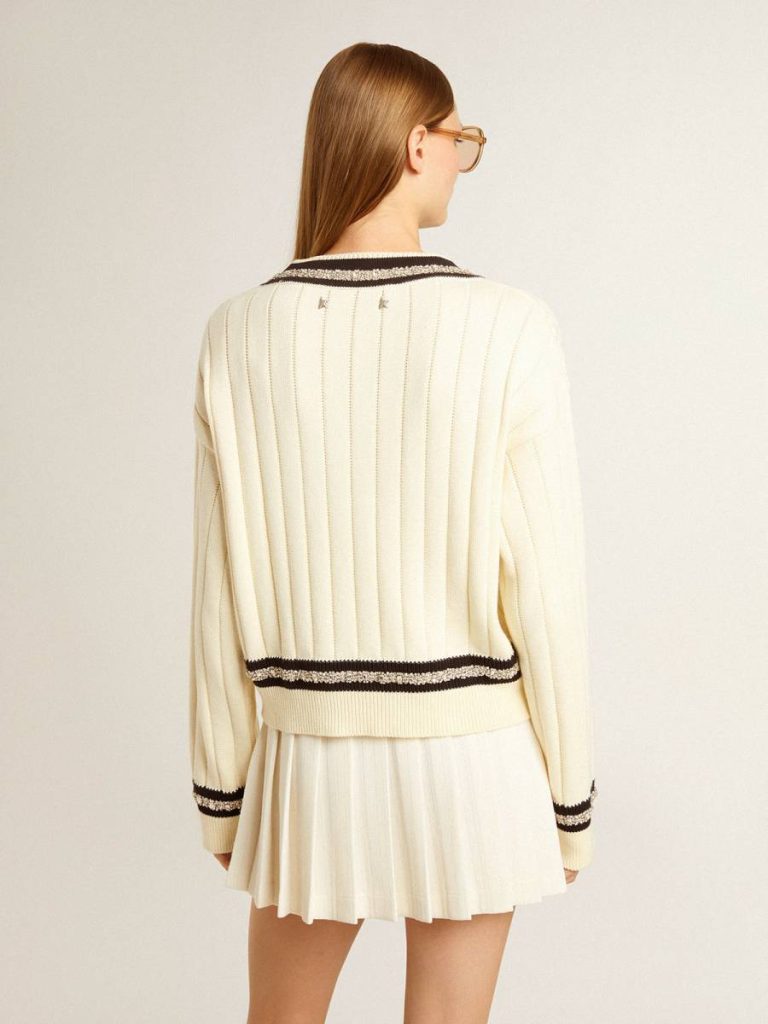 Worn White Women's Cable-Pattern Cropped Sweater With Blue Ribbing And Crystals Golden Goose Women Knitwear - 4
