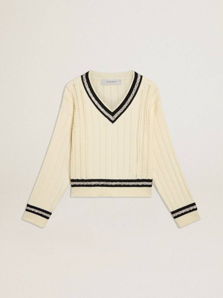 Worn White Women's Cable-Pattern Cropped Sweater With Blue Ribbing And Crystals Golden Goose Women Knitwear - 1