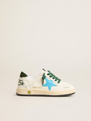 Young Ball Star With Turquoise Star And Green Suede Heel Tab Boys (4-10 Years) Golden Goose Kids White - 1